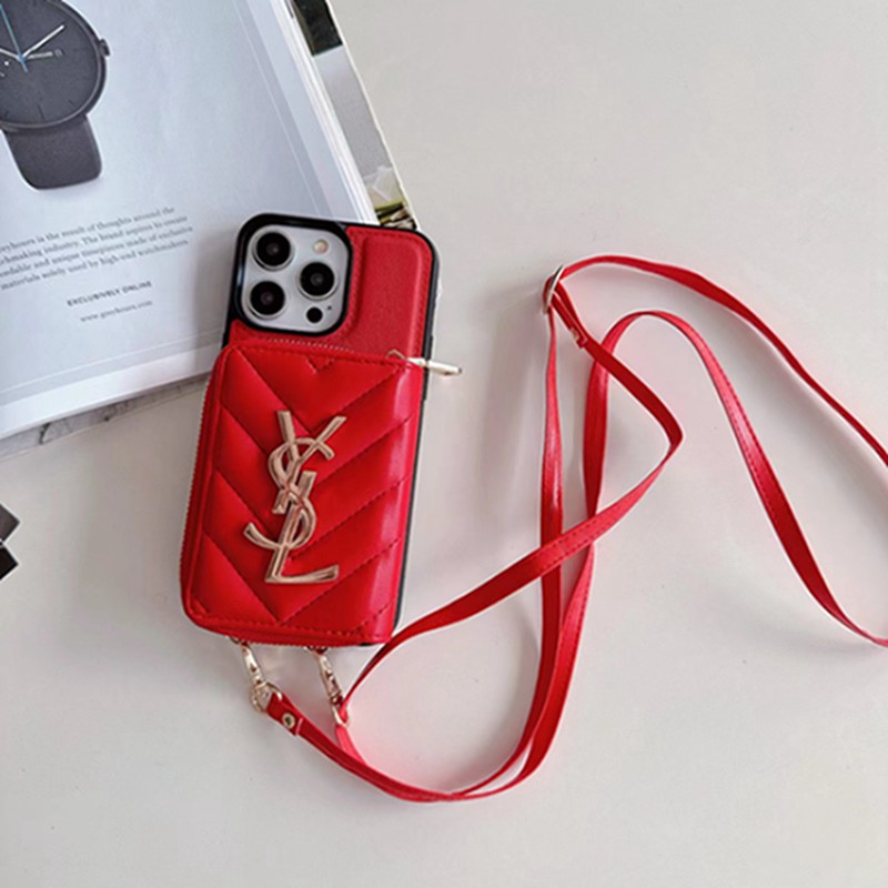 Ysl イブサンローランiPhone 15 14 pro maxブランドスマホケース 背面カード収納 斜め掛け 革製