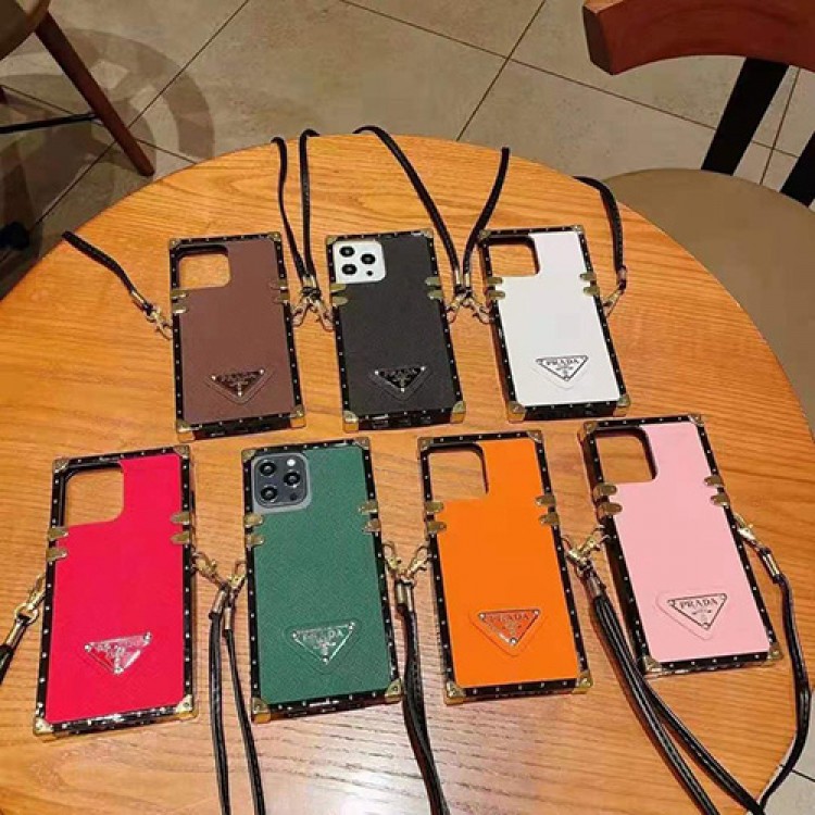 PRADA ブランド Iphone 13mini/13pro /13pro max /13ケース流行スクエア型プラダGalaxy S21/S21+/S21 ultraケースショルダーストラップ付き レザー製 かわいい GALAXY s20/s20+/s20 ultra/s10/s10+/note20/note10+カバーリベット飾り かわいい 人気 耐衝撃 ギャラクシーs9/s8 plusケース レディーズ