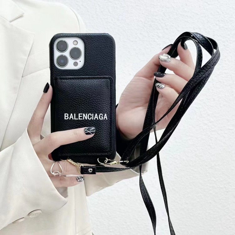 BALENCIAGA アイフォン 14/13proスマホケース 落下防止 バレンシアガ iphone 13pro max /13カバー オシャレ 人気 iphone12pro /12携帯ケース 純正レザー iphone11pro max/11 スマホケース 高級感 ショルダー タイプ iPhone13 ケース ストラップ付き 