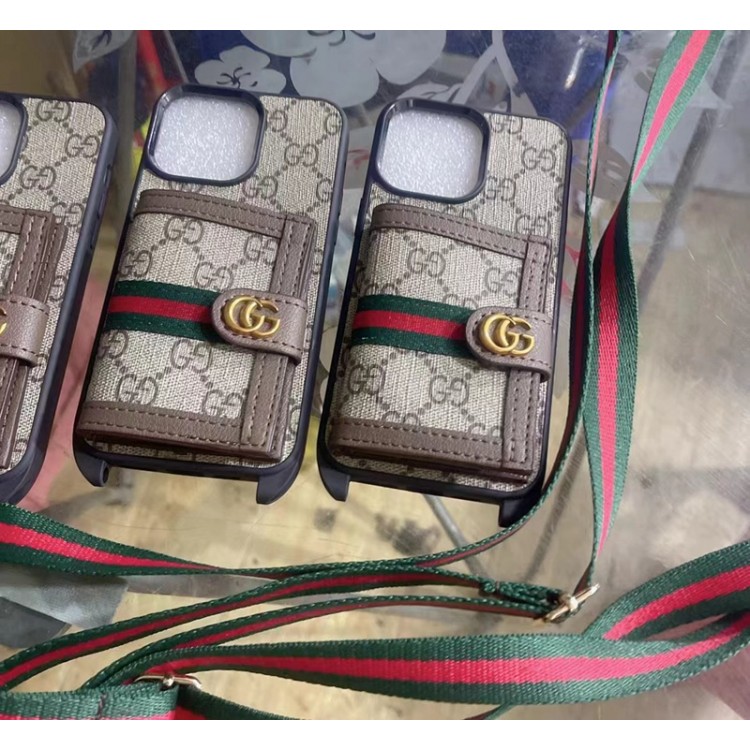 ハイブランド Gucci アイフォン14/14proカバー カードポケット付き グッチ iPhone14plus/14pro max革製ケース 耐衝撃 iphone13pro/13カバー ロングストラップ付き IPHONE12/12pro maxケース 滑り止め 定番 おしゃれ 男女兼用