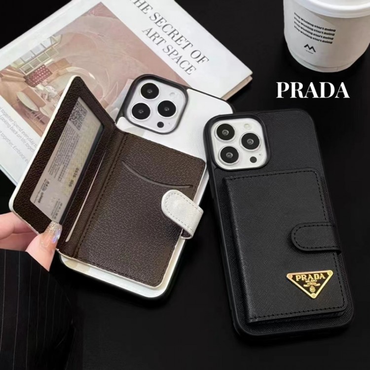 PRADA アイフォン15pro plusスマホカバー 上質レザー ビジネス ブランド プラダ iPhone 15 pro maxケース カードポケット付き iPhone14/13pro max/13 proケース 金具ロゴ 高級感 iPhone 12 mini/12/11pro maxスマホケース 滑り止め レディース