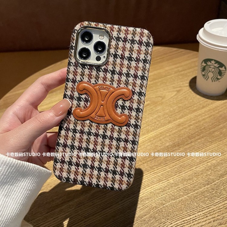 ブランド Celine アイフォン13pro max/13PRO/13ケース 流行り 千鳥格 革ワッペン付き セリーヌ IPHONE12pro max/12pro/12ケース 柔らかい 布製 耐衝撃 iphone11pro max/11pro/11ケース 指紋防止 かわいい レディース愛用