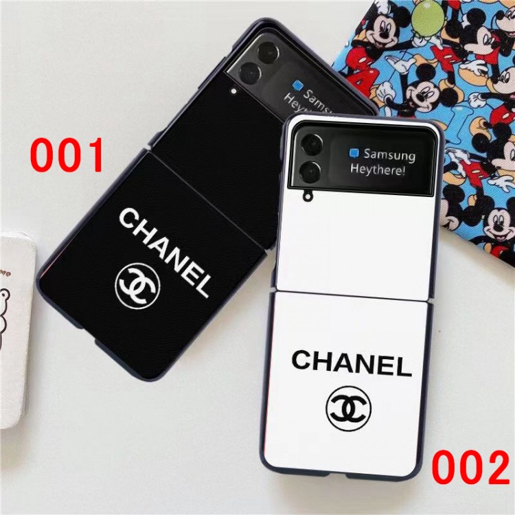 Chanel シャネル 黒白デザイン Galaxy Z Flip4 5 スマホケース 背面レザー ギャラクシーz flip3 4 5携帯カバー 簡約 オシャレ Samsung z flip4 3ケース 耐用性 落下保護 galaxy ゼットフリップ4 5ケース ファッション 高級感 レディース 男子