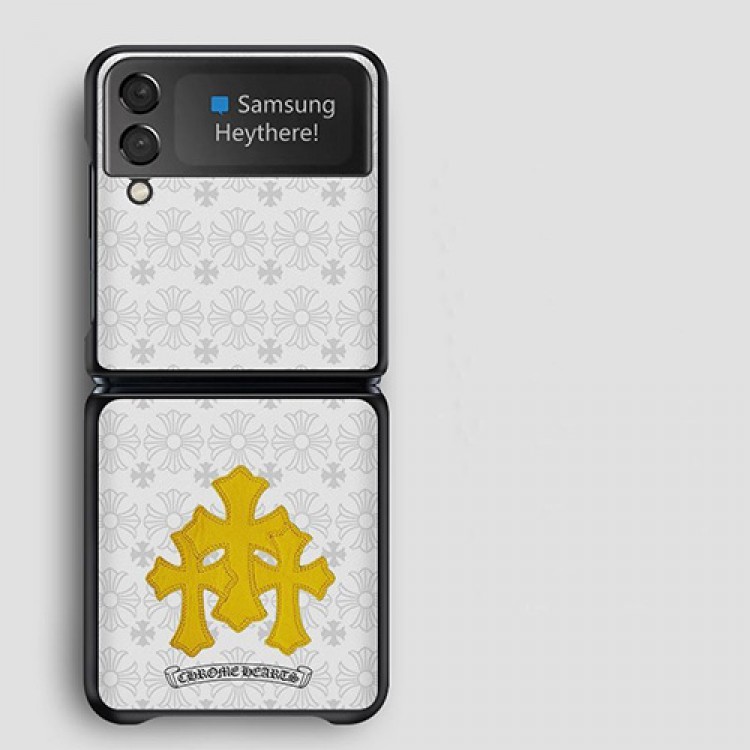 ハイブランド クロムハーツ 折り畳み式 Galaxy z flip3スマホカバー 落下防止 レザー製 Chrome Hearts & サムスン Z Flip3ケース 経典ロゴ付き 高級感 ギャラクシーゼットフリップ3カバー 保護 軽量 放熱性よい 簡約 ビジネス