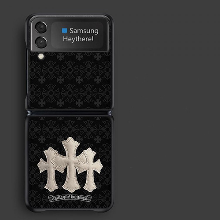 ハイブランド クロムハーツ 折り畳み式 Galaxy z flip3スマホカバー 落下防止 レザー製 Chrome Hearts & サムスン Z Flip3ケース 経典ロゴ付き 高級感 ギャラクシーゼットフリップ3カバー 保護 軽量 放熱性よい 簡約 ビジネス