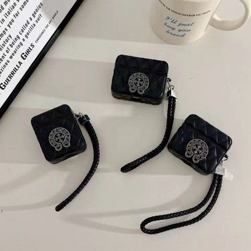 Chrome Hearts エアーポッズ pro2 ケース ブランド ブラック 革カバー クロムハーツ AirPods pro/3保護カバー ハンドストラップ付き airpods 3/2/1 ケース 耐衝撃 紛失防止 ファッション 男女