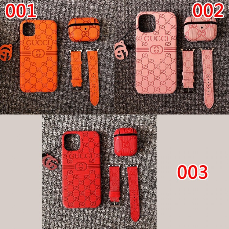 gucci アイフォン13/12mini/13pro/11pro maxジャケットカバー 携帯便利 高品質 ＜3点セット＞グッチ iphone12Pro/13mini/12/11pro max革ケース 人気モノグラム柄 型押し airpods 3/pro/2/1 ケース iwatch se対応 ベルト 耐久性