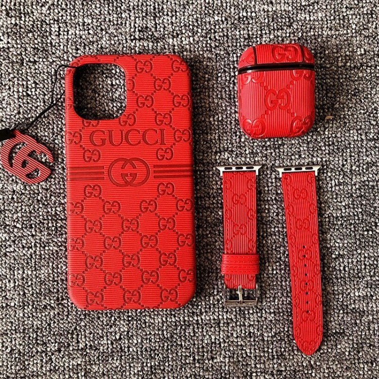 gucci アイフォン13/12mini/13pro/11pro maxジャケットカバー 携帯便利 高品質 ＜3点セット＞グッチ iphone12Pro/13mini/12/11pro max革ケース 人気モノグラム柄 型押し airpods 3/pro/2/1 ケース iwatch se対応 ベルト 耐久性