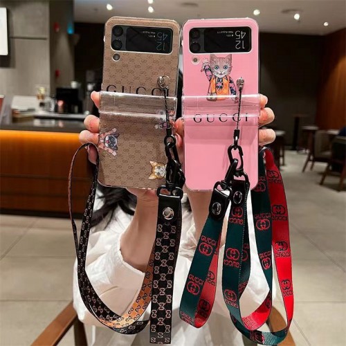 ブランド グッチ ギャラクシーZ Flip4 カバーケース クリア 可愛い 猫の柄 Gucci galaxy z flip3ケース ロングストラップ付き samsung z flip4スマホケース 携帯便利 落下防止 耐衝撃 軽量 滑り止め メンズ レディース