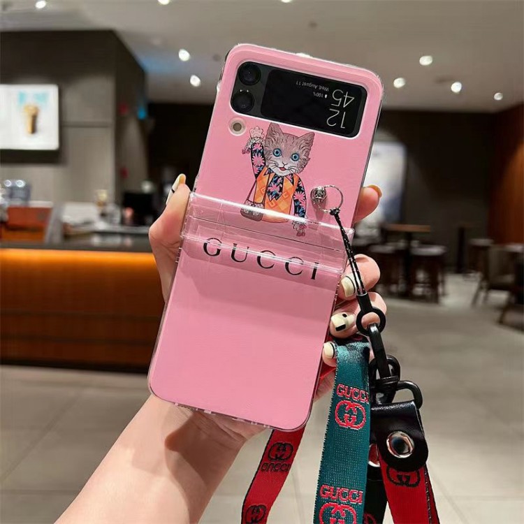 ブランド グッチ ギャラクシーZ Flip4 カバーケース クリア 可愛い 猫の柄 Gucci galaxy z flip3ケース ロングストラップ付き samsung z flip4スマホケース 携帯便利 落下防止 耐衝撃 軽量 滑り止め メンズ レディース