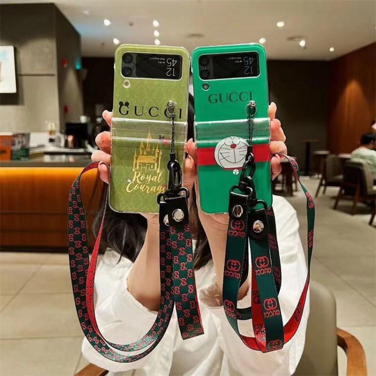 グッチブランドギャラクシーz flip4スマホカバースムーズ高級感Gucci ギャラクシー Z Flip 4ケースハイブランドハイブランドGalaxy z flip 5 4 3携帯ケースビジネス大人っぽい折りたたみケースネックストラップ付き