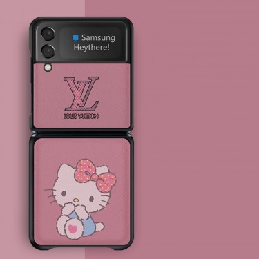 ルイヴィトン ブランド 折り畳み式 Galaxy Z Flip3 5Gスマホカバー 可愛い ピンク 少女感 LV コラボ ハローキティ ギャラクシーゼットフリップ3ケース キュート猫ちゃん 女の子愛用 galaxy zflip革カバー 耐衝撃 オシャレ 激安