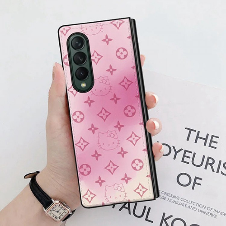 LV ブランド新作 GALAXY Z Fold3 折り畳み式ケース グラデーション 綺麗 ルイヴィトン＆hello kitty ギャラクシーゼットフォルダー3フルカバー 全面保護 傷防止 galaxy z fold3レザーケース 耐衝撃 かわいい 猫ちゃん