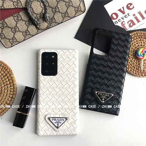 PRADA ブランドGALAXY S22/S21ultra/s21+/s21スマホケース 編み模様 高級感 プラダ ギャラクシーs20/s20u/s20+/s10/s10+カバー シンプル 設計感 galaxy note20/note20ultra/note10/note10+ソフトケース ワッペン付き 上品 ペア揃い