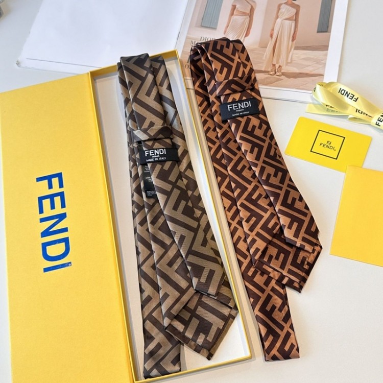 ブランドFENDIネクタイ フェンディFFロゴネクタイ ズッカ柄 シルクネクタイ ブラウン 高級 ブランドビジネスネクタイ 結婚式 プレゼント メンズ