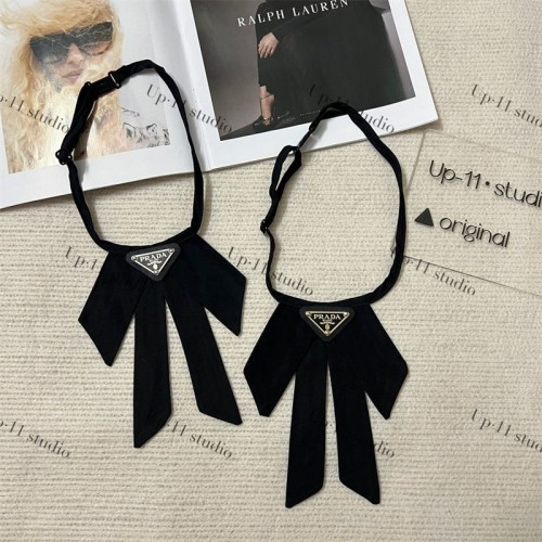 ブランドプラダ韓国ファッション 学院風 ネックタイ Prada男女兼用 長さ調節可 ユニセックス 着脱安い リボンチョーカー ブラック 三角ロゴ 高級感 レディース ネックレス